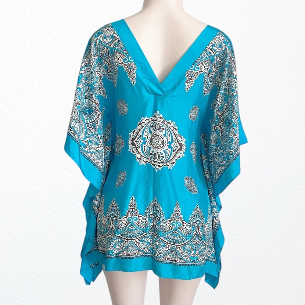 Silk Beachy Paisley Cruise Hippie Swim Kaftan Coverup Blouse Blue 100% SZ 8 - Picture 6 of 7